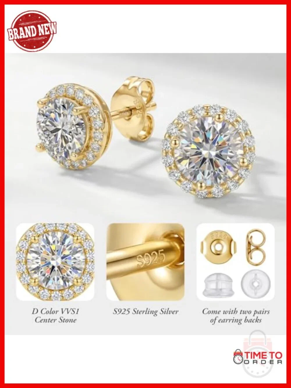Moissanite Stud Earrings, 2-in-1 Halo Earrings, 925 Sterling Silver, 18K White
